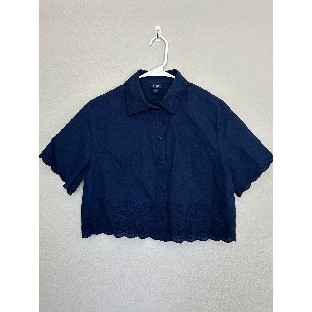 Roller Rabbit x Target Women oversized XS Navy Embroidered Scallop Cropped top - Picture 3 of 12